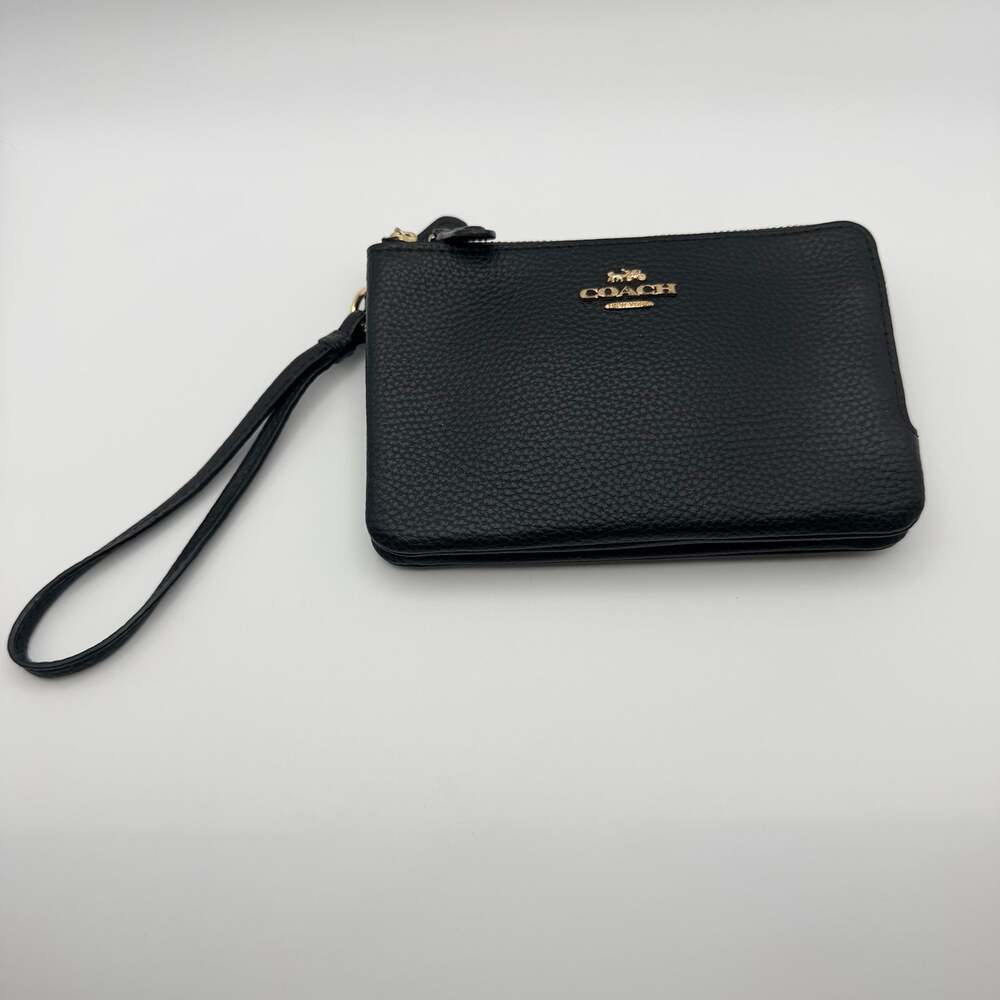 Coach Black Pebbled Leather Double Zip Wristlet Gold-Tone Hardware